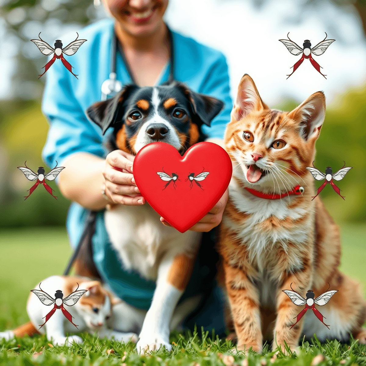 A happy dog and cat playing outdoors with a veterinarian holding a heart symbol, surrounded by crossed-out mosquito icons, representing heartworm p...